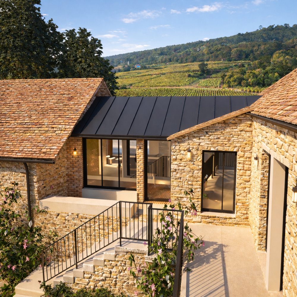 Villa en pierre à travers les vignes